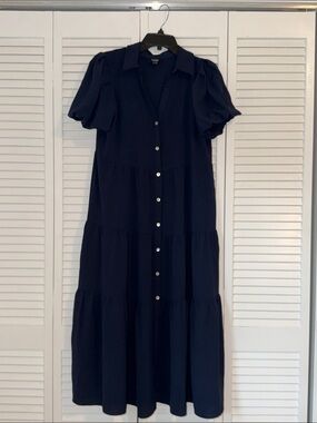 MSK Navy Button-Front Tiered Maxi Dress
